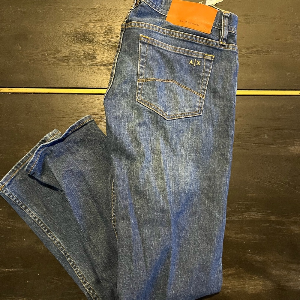 A/X Armani Exchange Men's Straight Blue Jeans with Leather Waist Patch